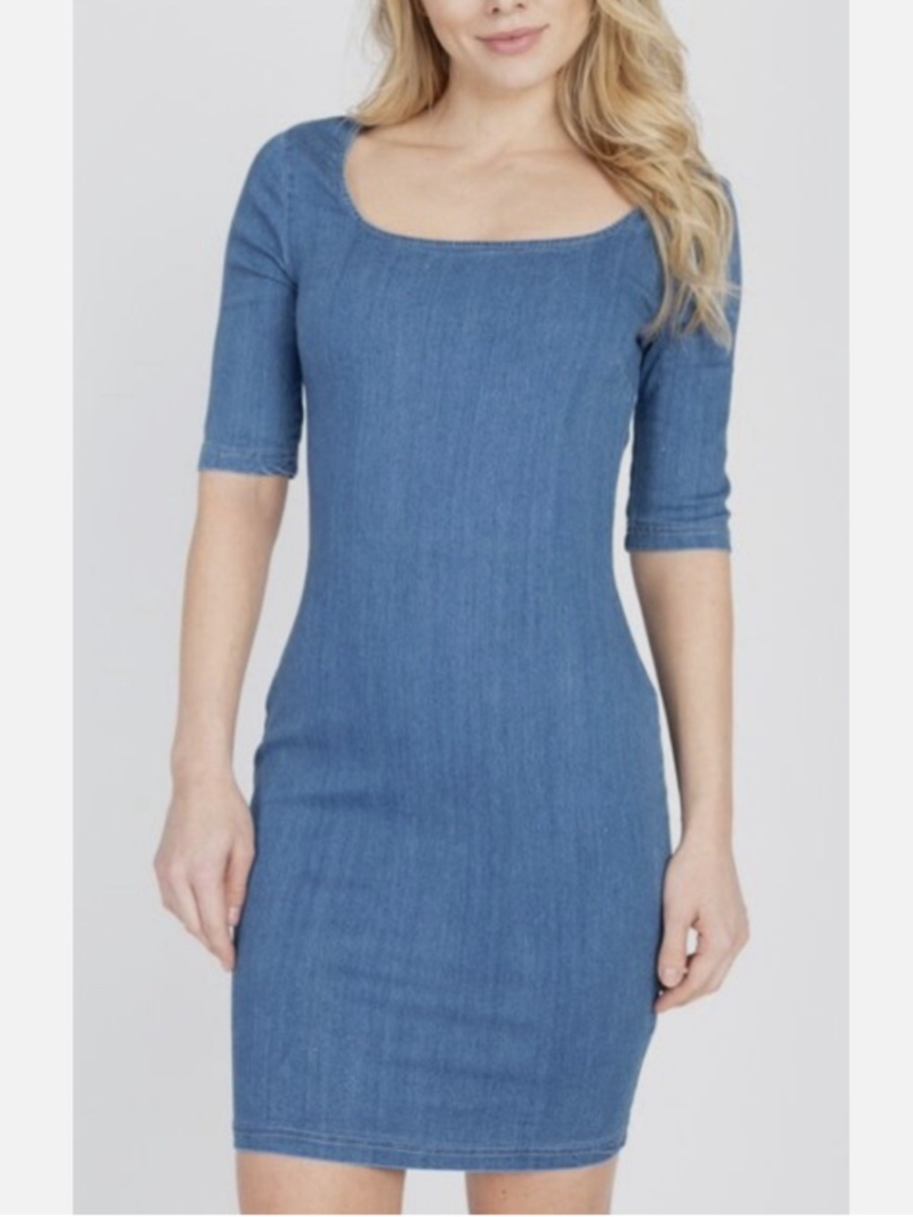 New Iris Women Bodycon Mini light Denim Pencil Dress Retro 3/4 Sleeve L Stretch